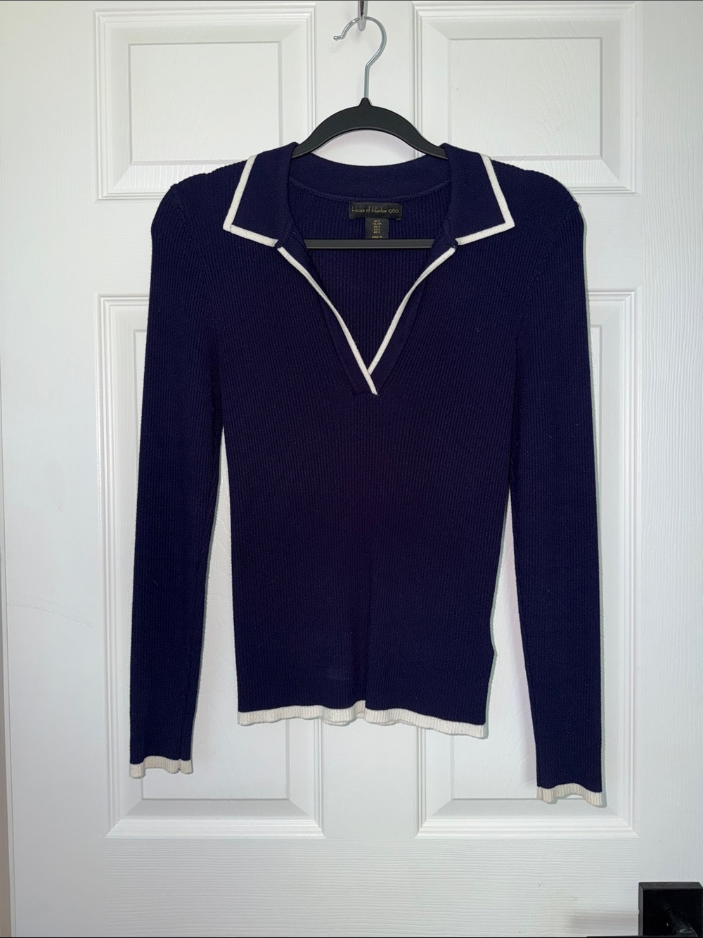 House of Harlow 1960 Navy Long-Sleeve Ribbed Polo Top with White Trim Small